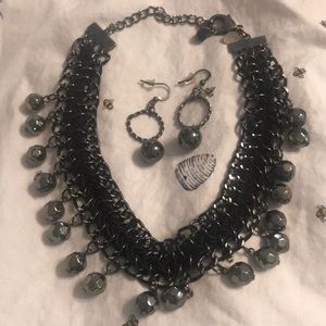 Black and gunmetal woven beaded necklace with earrings